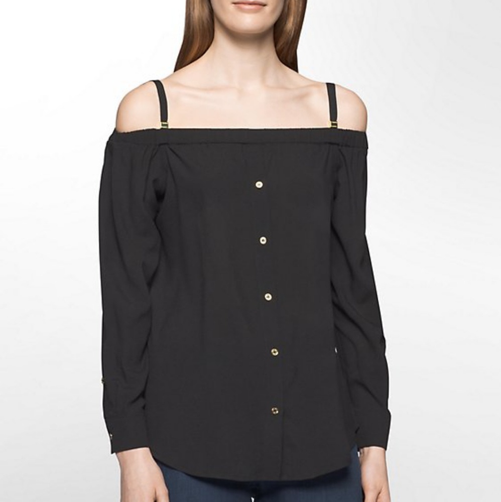 NWT Calvin Klein Cold Shoulder Black & Gold Top